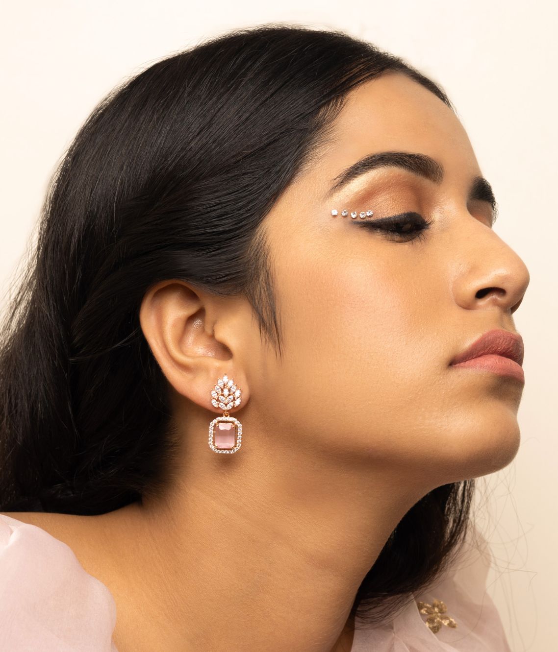 Pink Silver Plated American Diamond Drop Studs - Mansya Jewellery