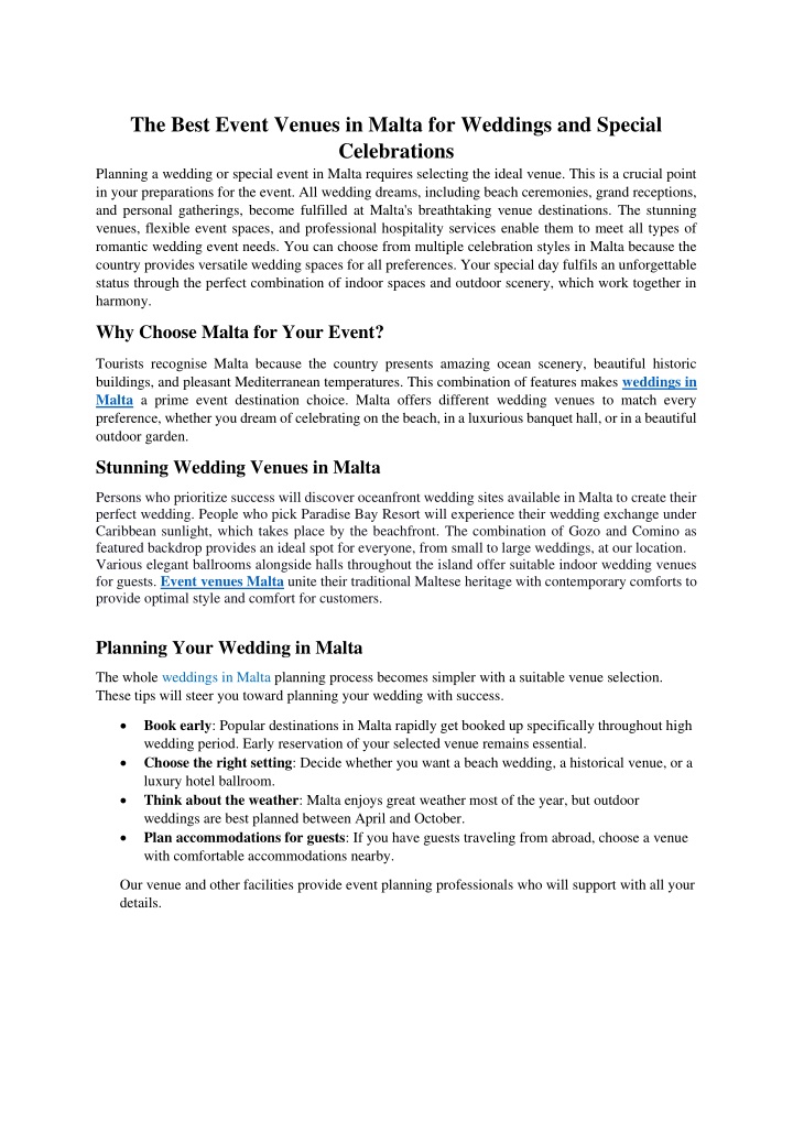 PPT - The Best Event Venues in Malta for Weddings and Special Celebrations PowerPoint Presentation - ID:14120089