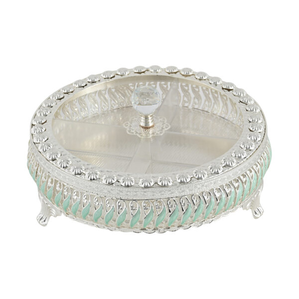 Elegant German Silver Dry Fruit Box with Crystal Knob – Decorative 4-Section Storage Container for Dry Fruits, Sweets & Snacks – Chitra Gupt Exports