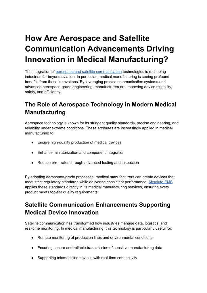 PPT - How Are Aerospace and Satellite Communication Advancements Driving Innovation in Medical Manufacturing PowerPoint Presentation - ID:14675081
