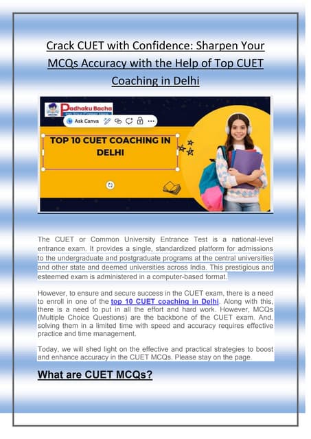 Crack CUET with Confidence: Sharpen Your MCQs Accuracy with the Help of Top CUET Coaching in Delhi | PDF