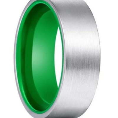 GIANT | Green Ring, Silver Tungsten Ring, Brushed, Flat Profile Picture