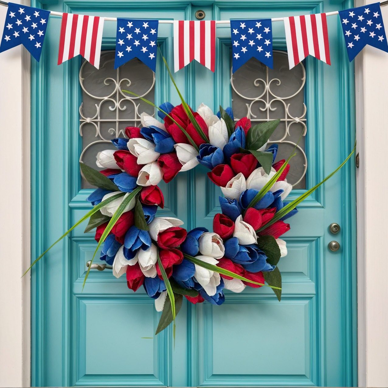 2026 New 4th of July Red White Blue Tulip Wreath, Patriotic Artificial Flower Door Wall Hanging, Independence Day Home Courtyard Decor – cabinetwreaths.com